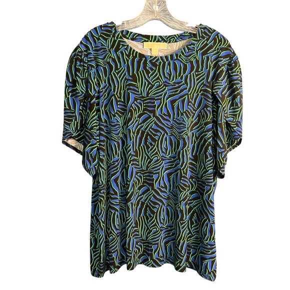 Michael Kors Womens 2X Top Black Blue & Green Abstract Print Short Sleeve - Picture 9 of 9